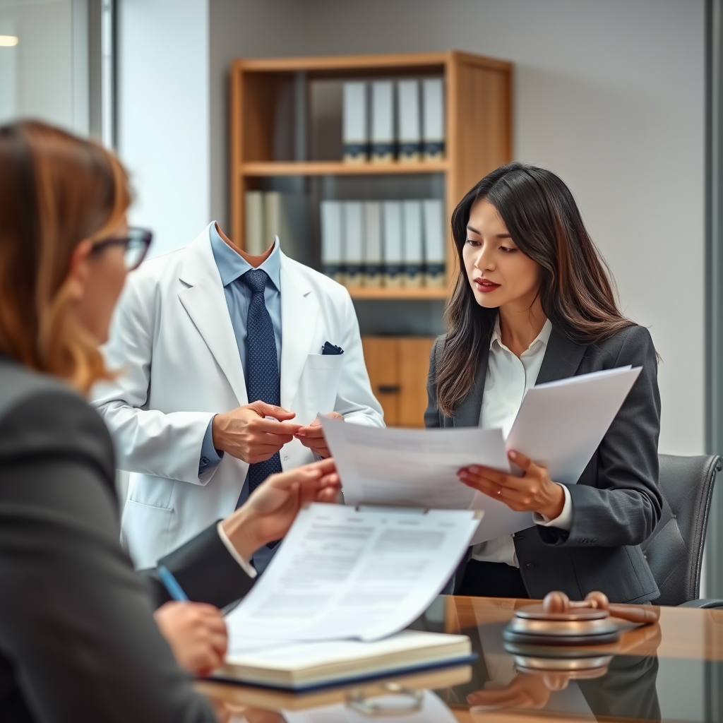 Professional lawyer in a modern office consulting with a client about legal protection against fraud, showing documents and legal books in the background