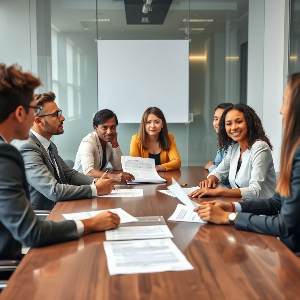 Professional business meeting with diverse employees discussing new employment rights legislation documents at a modern conference table