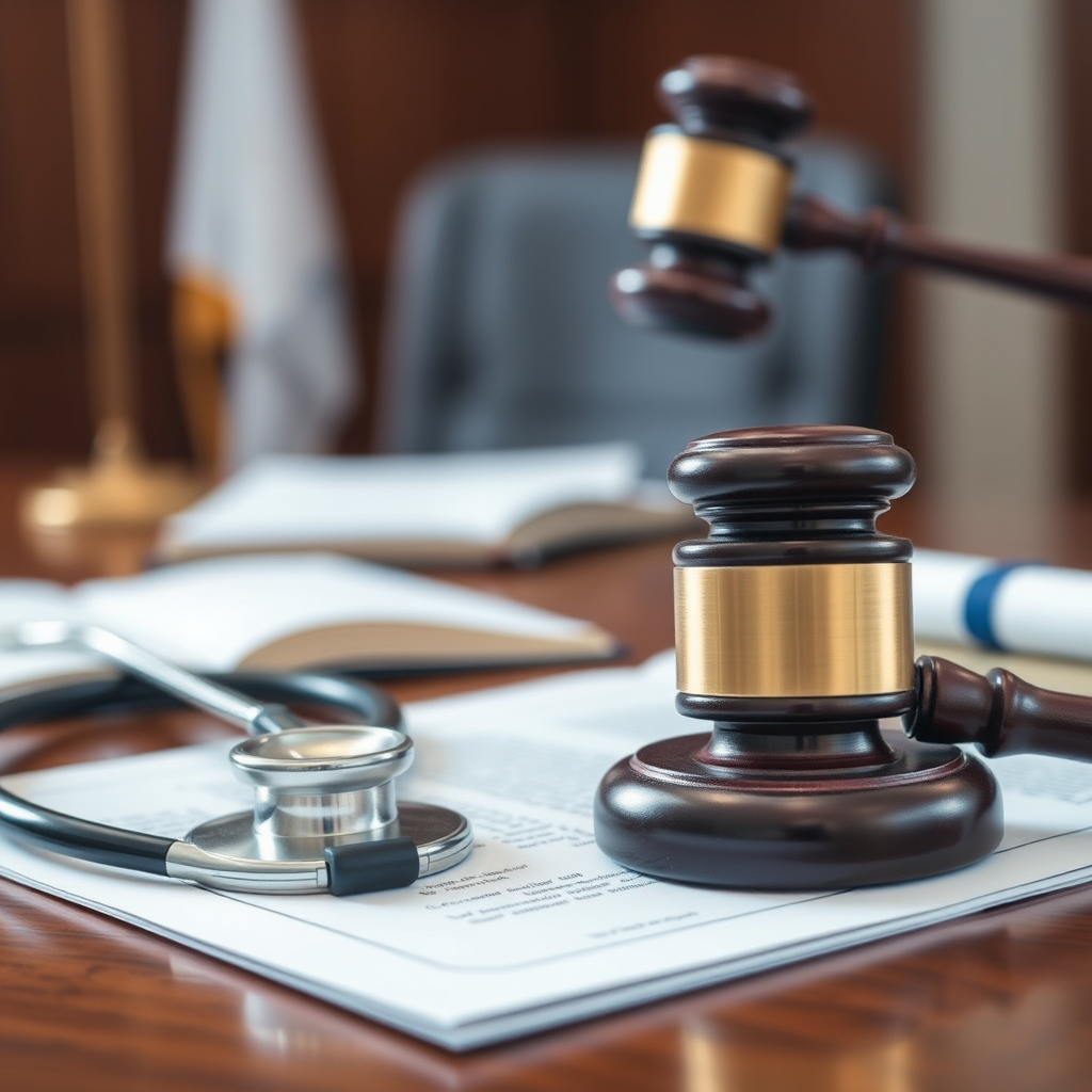 Professional courtroom scene with judge's gavel, medical stethoscope, and legal documents on a wooden desk, representing the intersection of healthcare and legal proceedings in medical malpractice cases