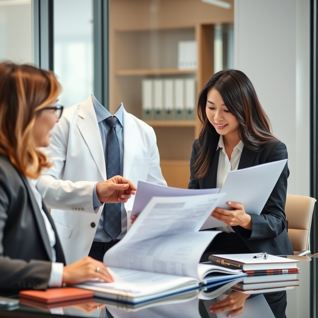 Professional personal injury lawyer consulting with client in modern law office, reviewing legal documents and case files