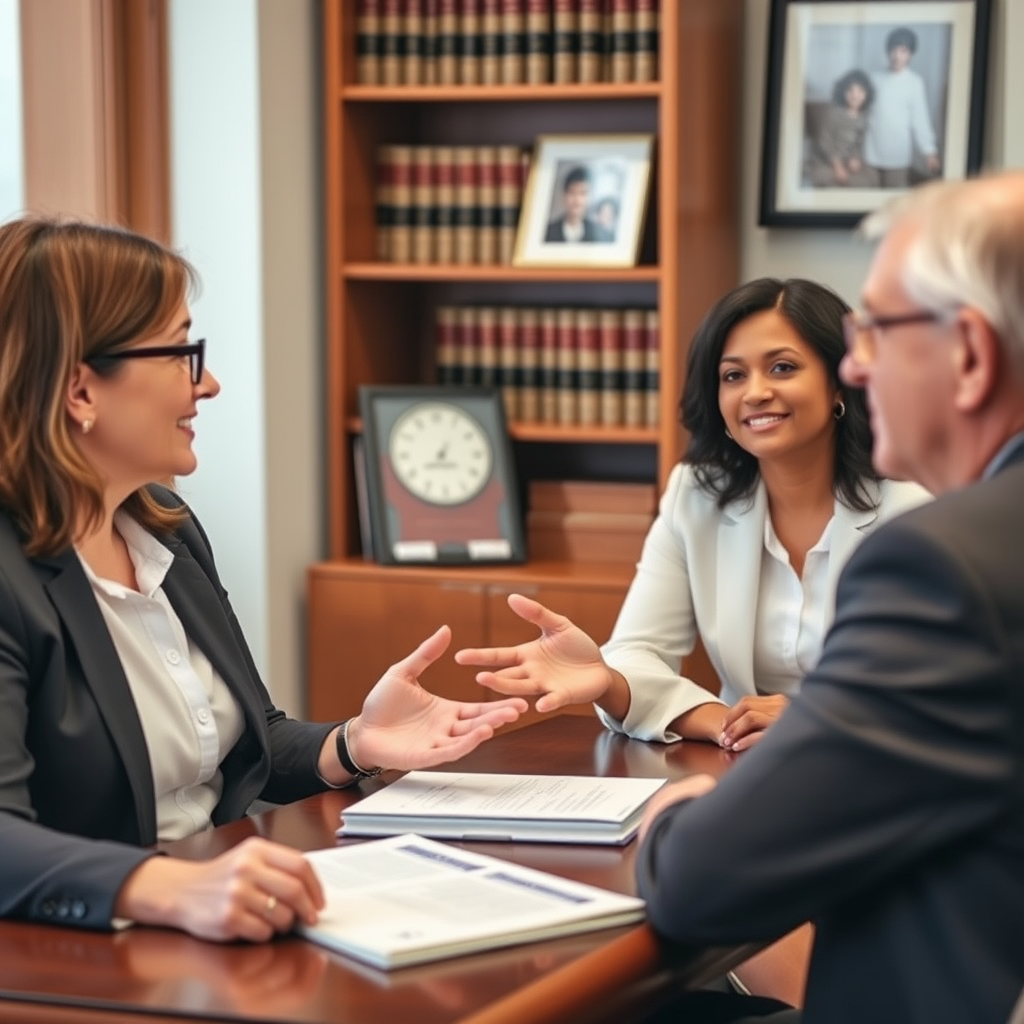Professional family law attorney consulting with clients in a warm, comfortable office setting with legal books and family photos in the background
