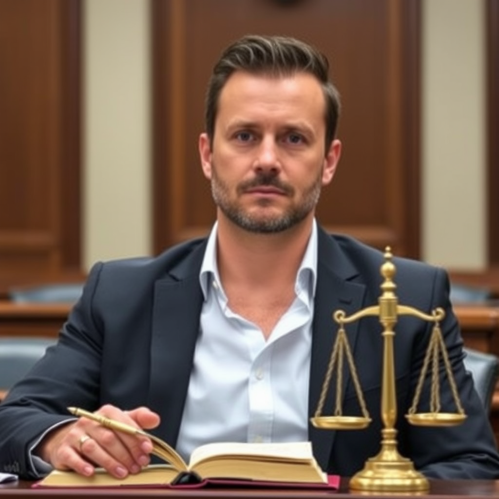 Professional criminal defense attorney in courtroom setting with law books and scales of justice