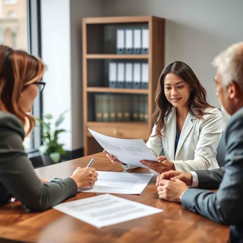 Professional estate planning attorney reviewing legal documents with clients in a modern law office, discussing wills and trusts