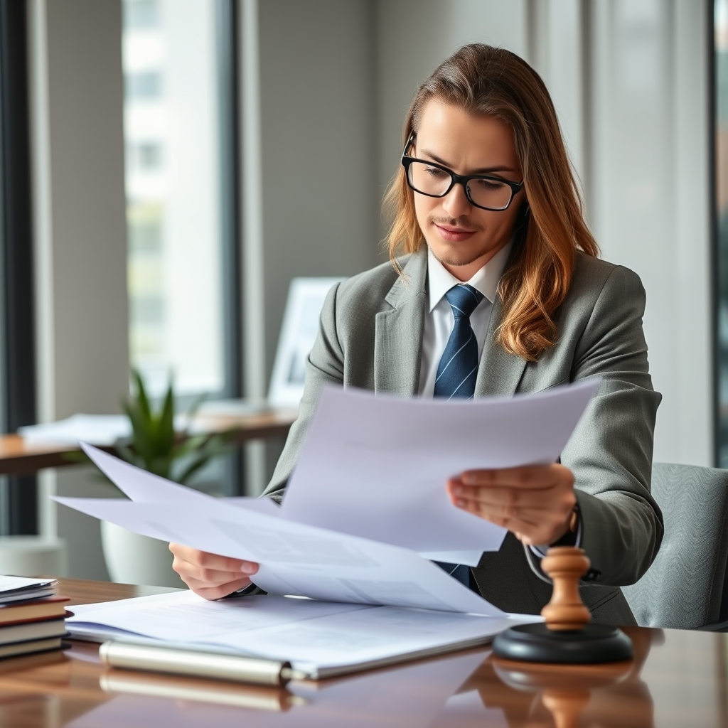 Professional business lawyer in modern office reviewing legal documents and contracts for corporate clients