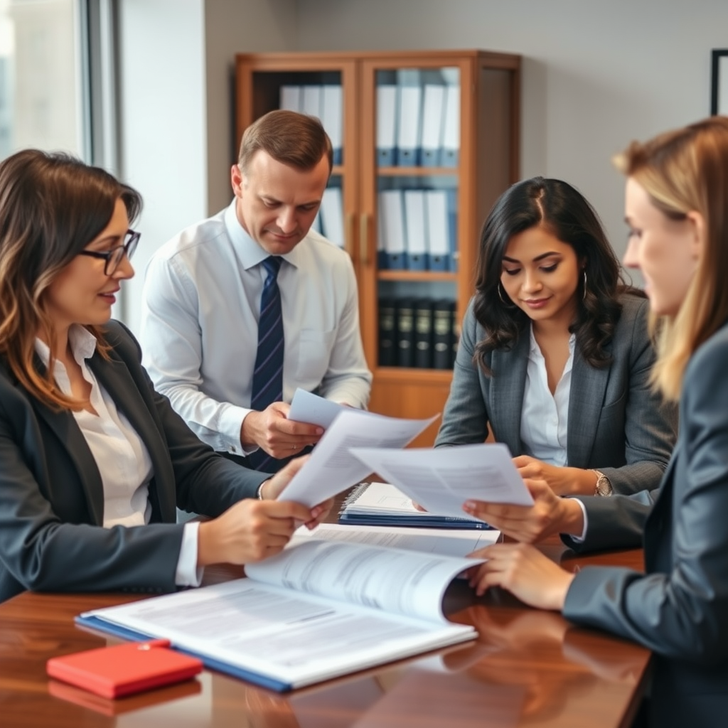 Team of experienced lawyers reviewing legal documents and case files related to fraud protection and victim rights in a professional law office setting