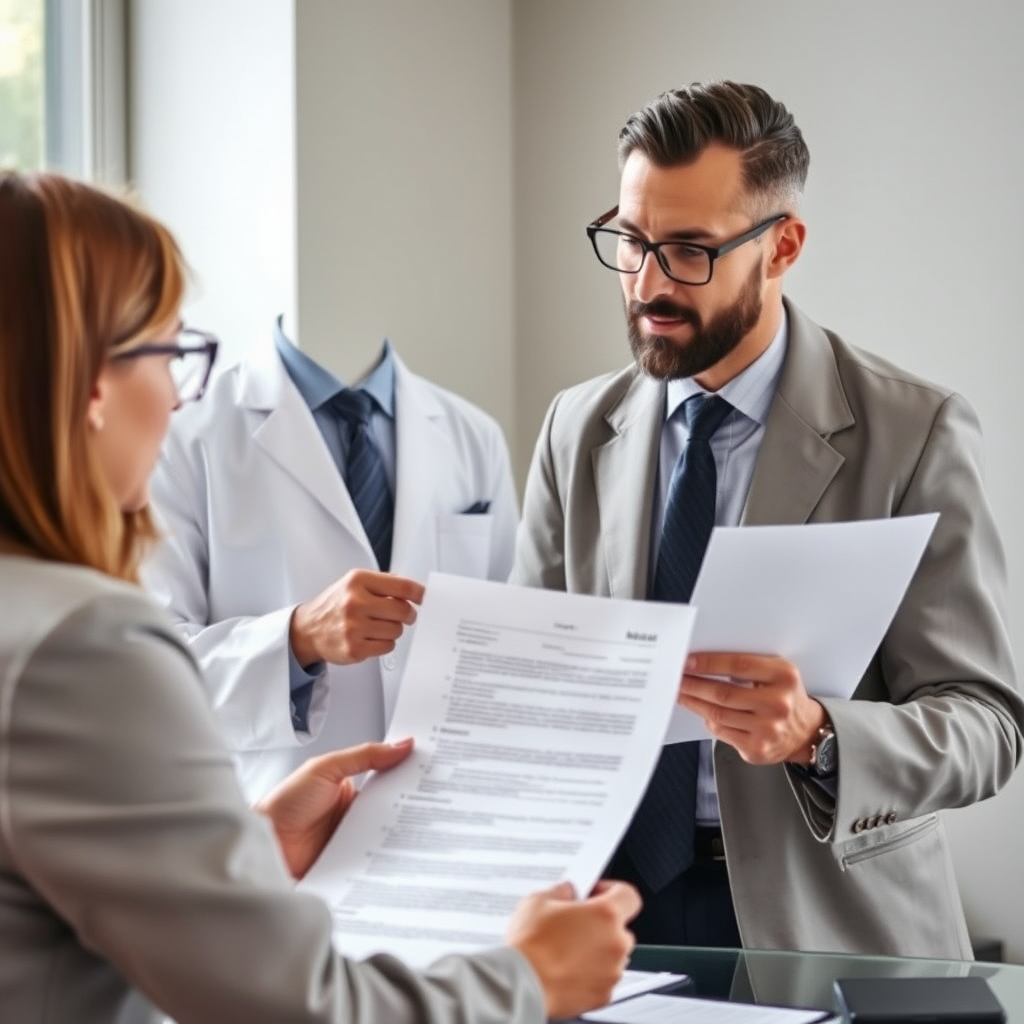 Professional lawyer consulting with client about fraud case, showing legal documents and providing expert guidance on consumer protection rights