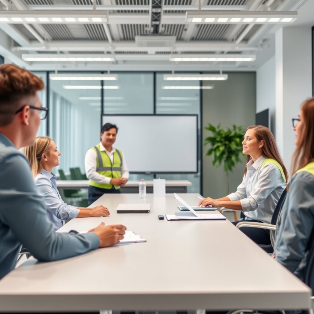 Modern workplace safety training session with employees learning about new safety protocols and legal rights in a bright conference room