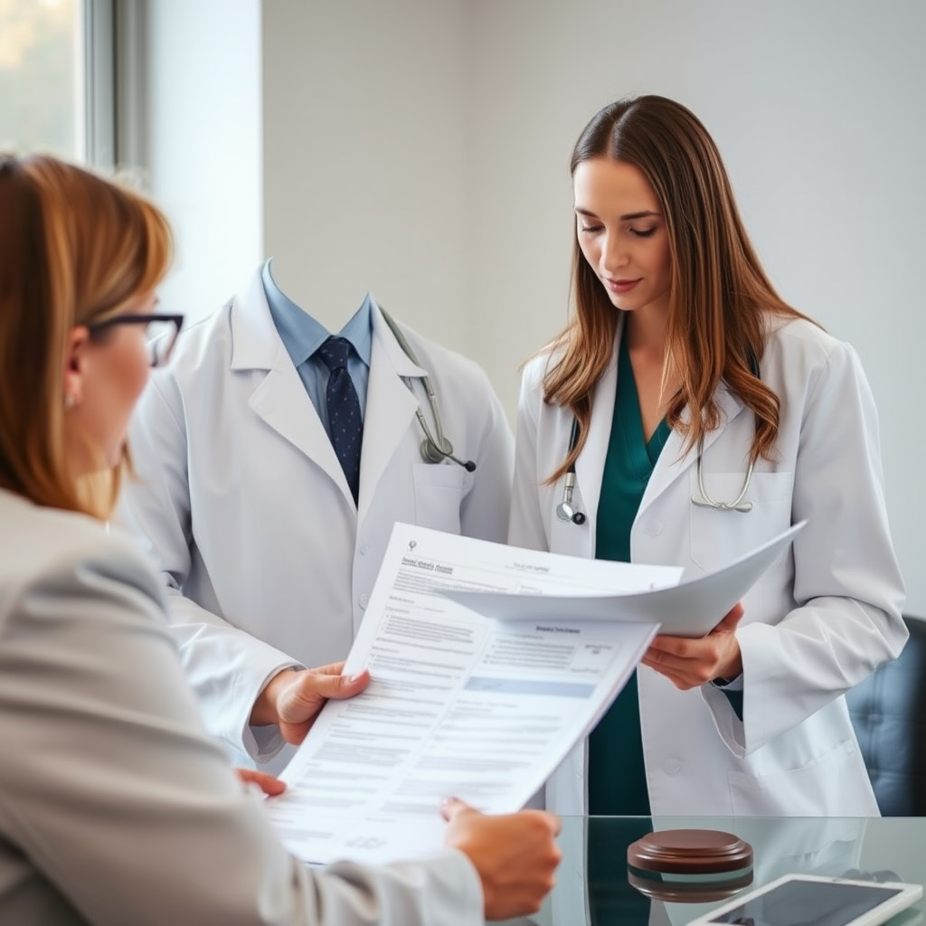 Medical professional reviewing patient charts and legal documents with a lawyer, emphasizing the importance of proper documentation and legal compliance in healthcare settings