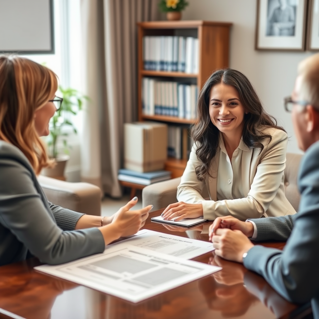 Compassionate family law attorney meeting with clients in comfortable office setting, discussing child custody and divorce proceedings with legal documents on desk