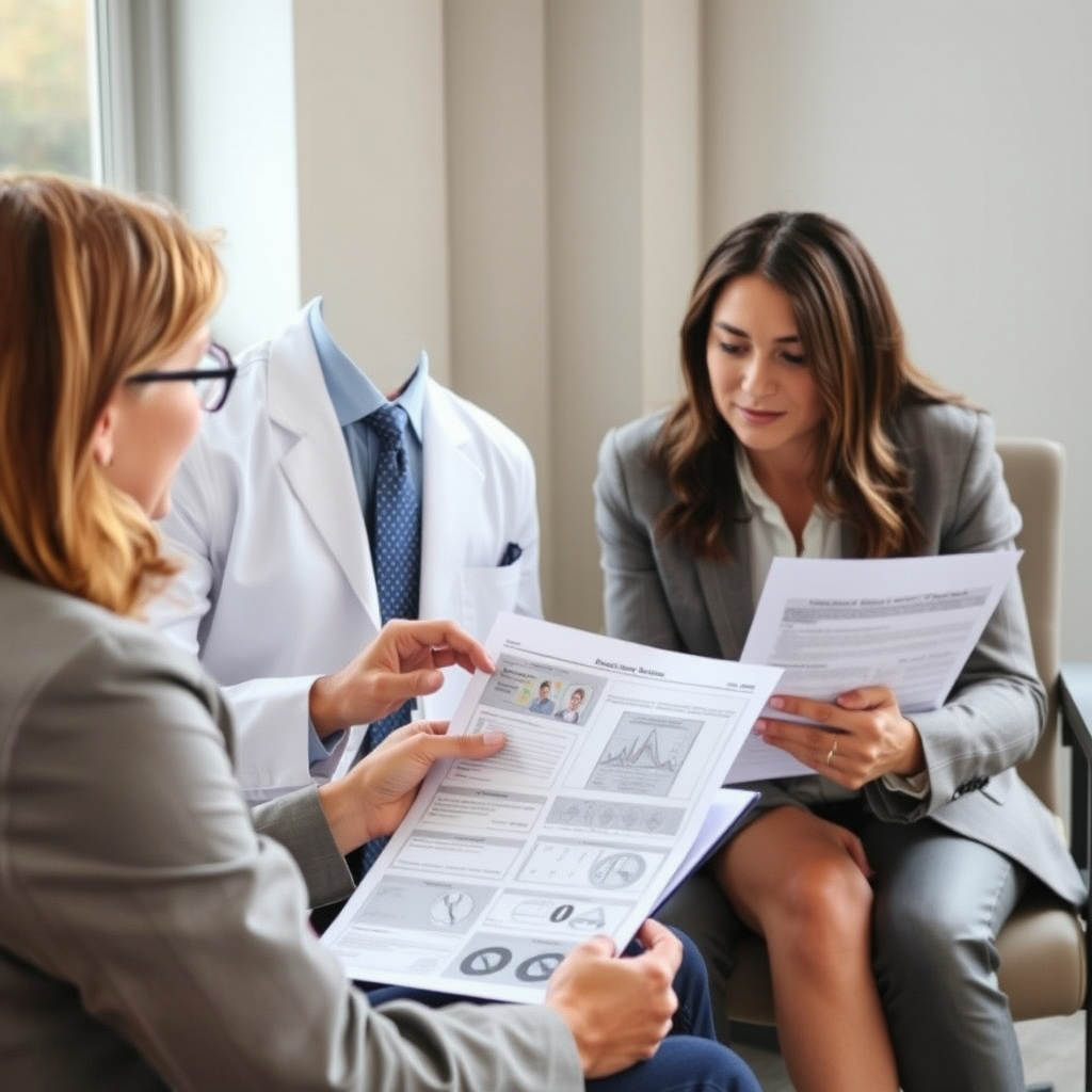 Personal injury attorney reviewing medical records and accident reports with injured client, showing compassionate legal consultation