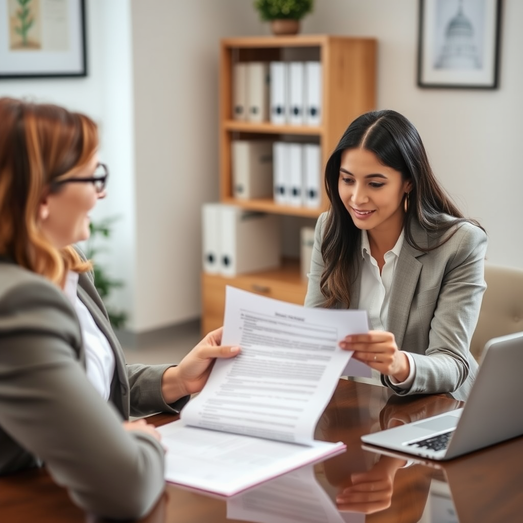 Compassionate family law attorney reviewing legal documents with a client in a professional office environment, showing empathy and understanding during a consultation