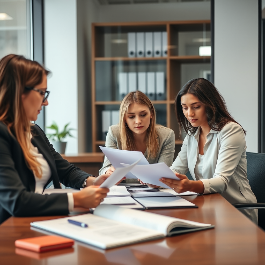 Criminal defense legal team reviewing case files and developing defense strategies in modern law office
