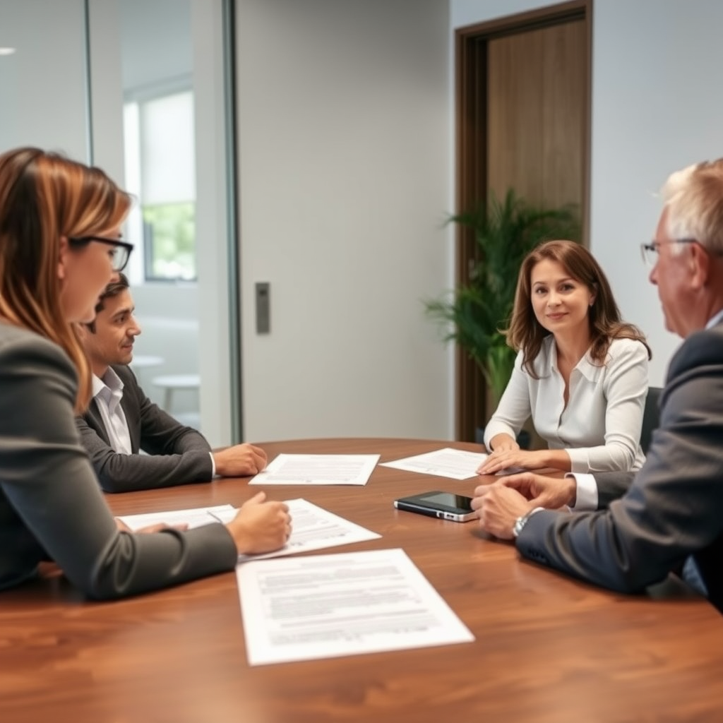 Family meeting with estate planning lawyer discussing trust documents and asset protection strategies in a professional conference room