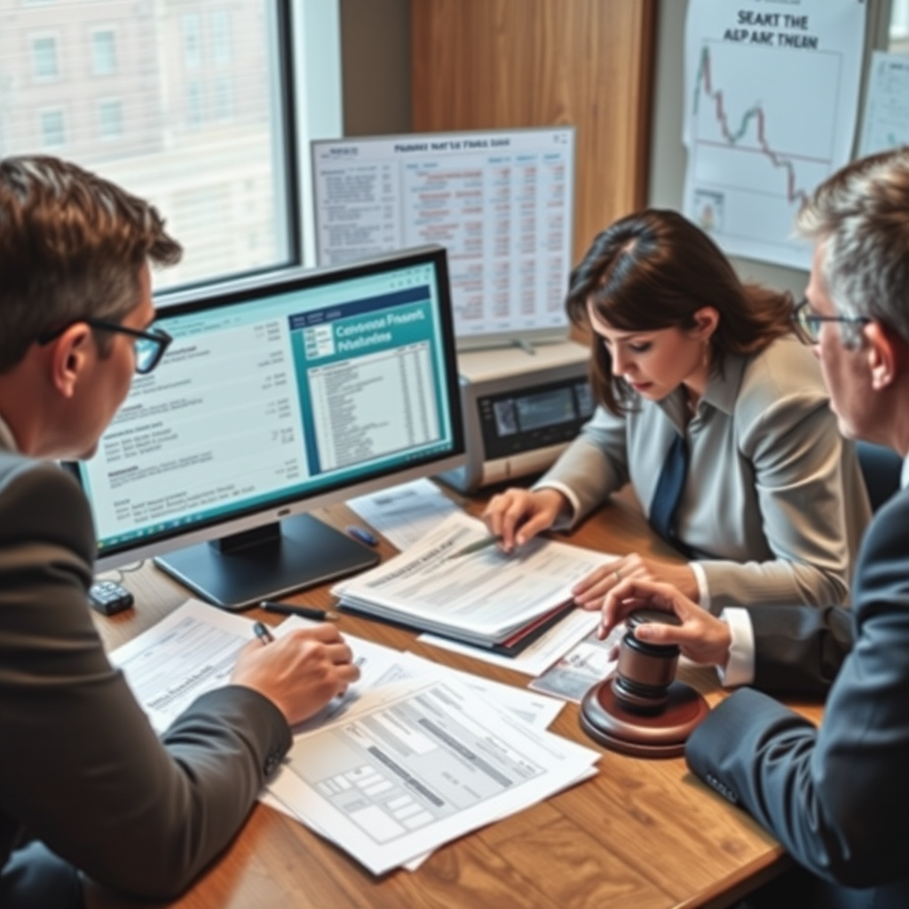 Business fraud investigation scene showing financial documents, computer screens with suspicious transactions, and legal evidence being analyzed by corporate attorneys