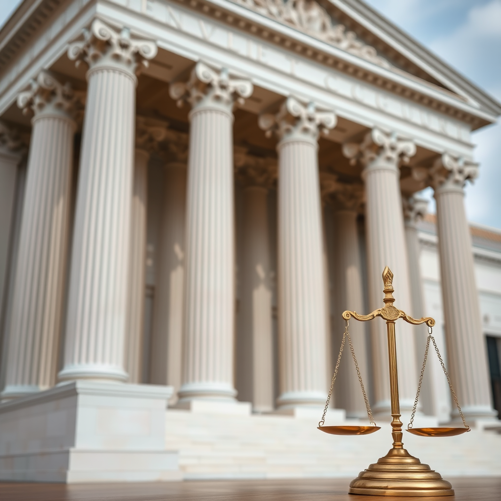 Supreme Court building with classical columns and justice scales, representing legal authority and consumer protection rights in courtroom setting
