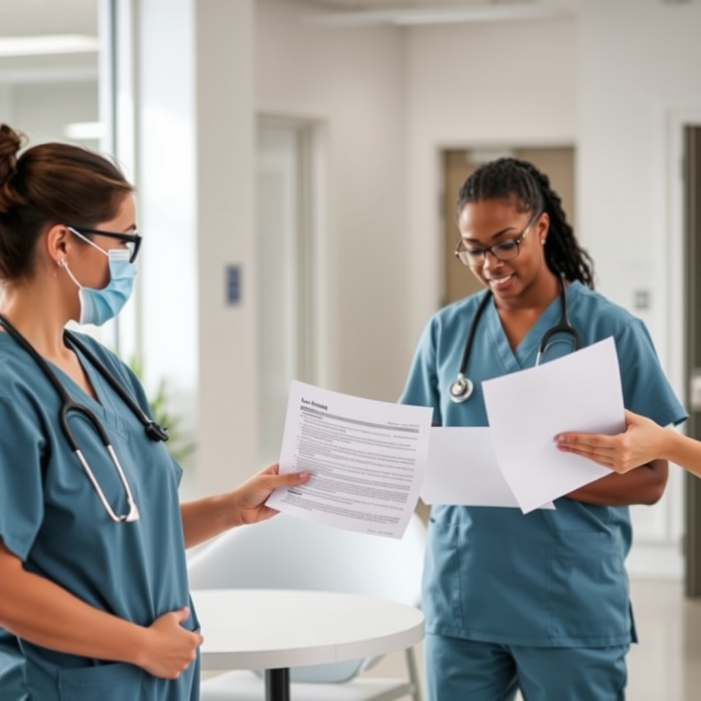 Healthcare professionals in scrubs reviewing new employment legislation documents in a modern hospital break room with natural lighting
