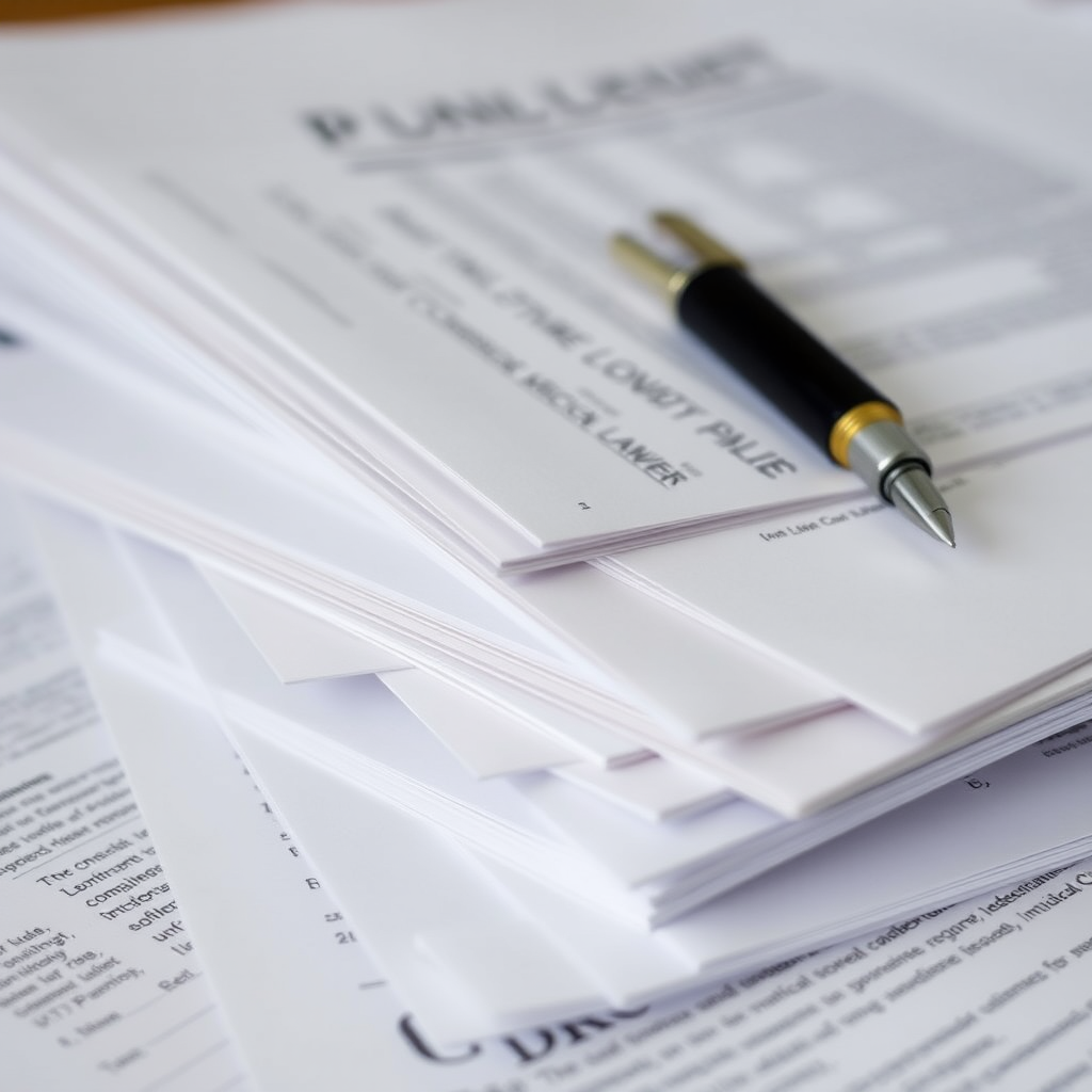 Stack of legal documents and medical files with a lawyer's pen, representing the complex documentation required in medical malpractice and fraud cases