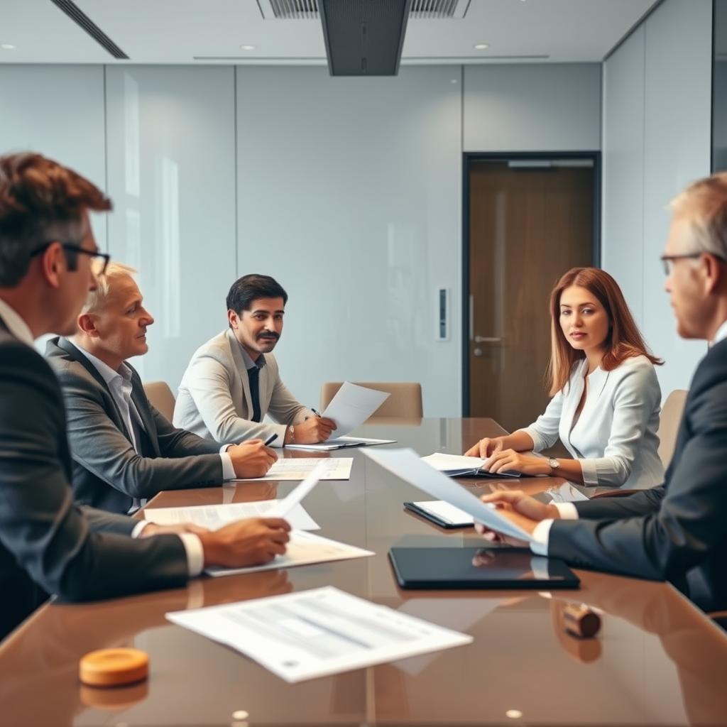 Corporate compliance meeting with business executives and legal advisors reviewing regulatory documents and risk management strategies in modern conference room