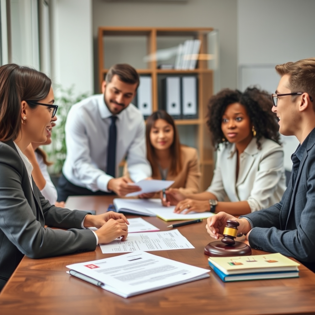 Professional workplace scene with diverse employees discussing employment rights legislation, legal documents and workplace safety guidelines visible on desk
