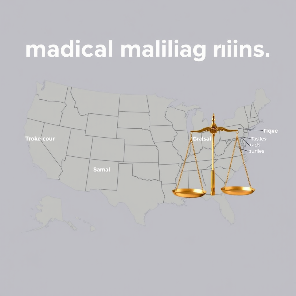 Map of the United States highlighting multiple jurisdictions affected by the medical malpractice ruling, with legal scales of justice overlaid to represent the widespread impact of the court decision