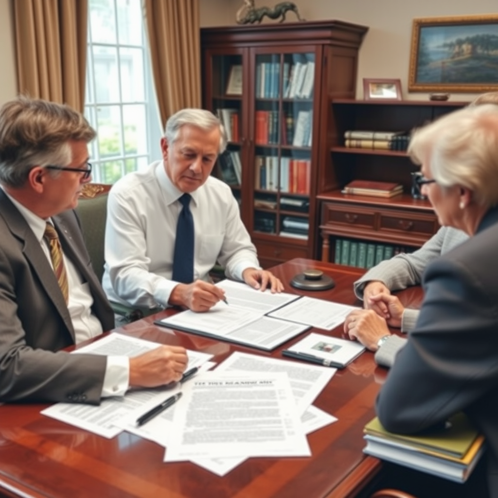 Estate planning attorney reviewing wills and trust documents with elderly clients in professional office, with legal papers and financial planning materials spread on mahogany desk