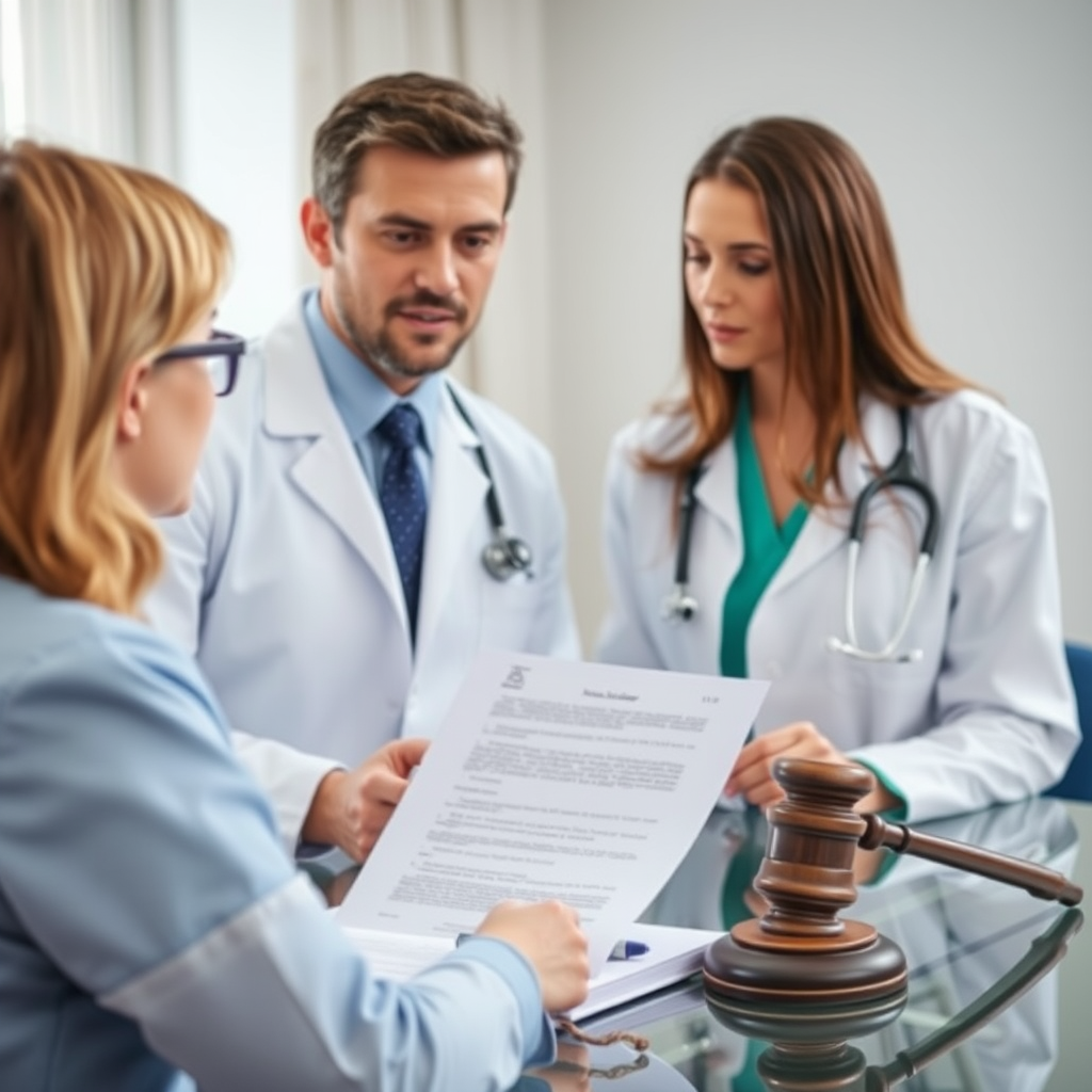Medical professional consulting with patient while legal documents and stethoscope are visible, representing medical malpractice legal precedent and patient rights protection
