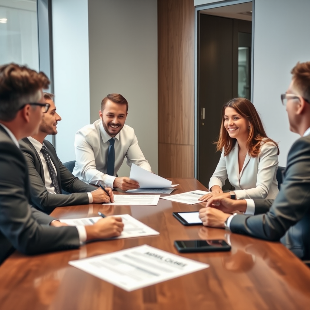 Business law attorney consulting with corporate executives around conference table, reviewing contracts and legal compliance documents in modern boardroom setting