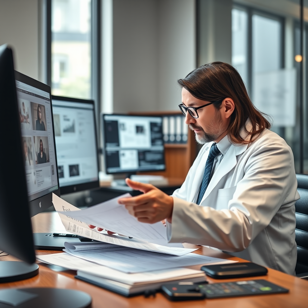 Legal expert analyzing financial documents and evidence for deception cases, with computer screens showing digital evidence and legal protection strategies in modern law office